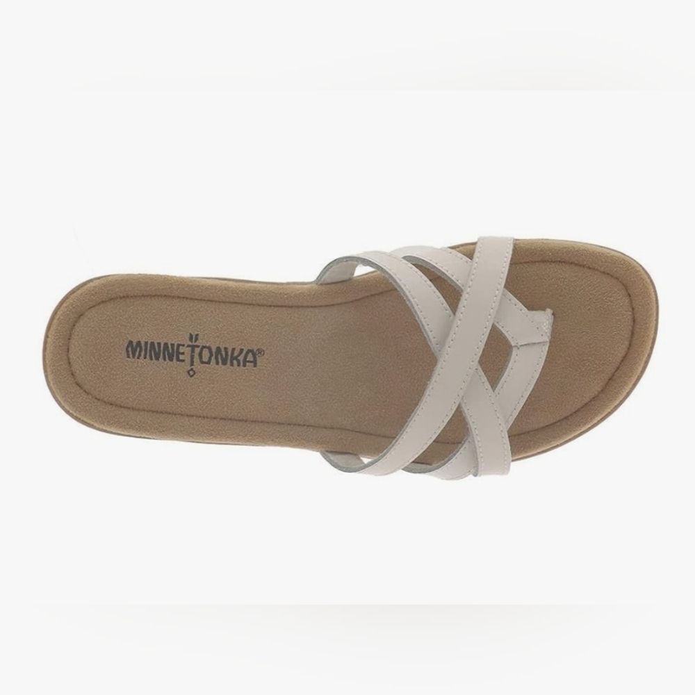 Minnetonka Women's SunnySlide Leather Slip On Sandal White 10 Extra Wide NIB